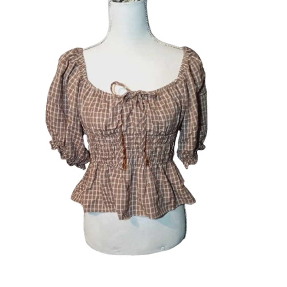 Brown Pink White Babydoll Top Size Large Gingham Smocked Waist Line Featuring Pu